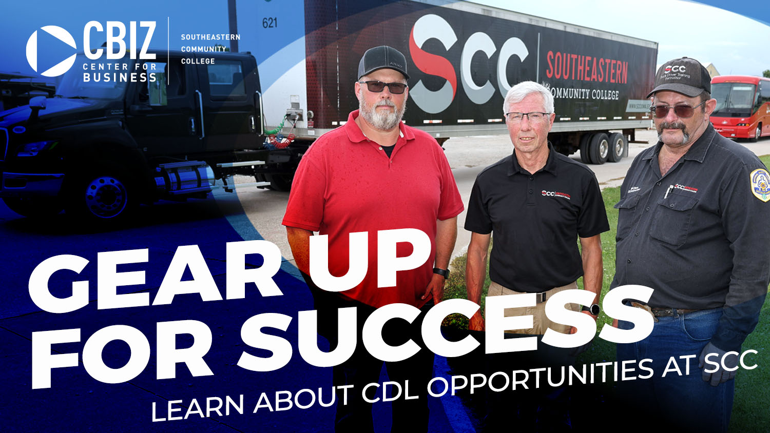 Three men standing outside next to a semi truck