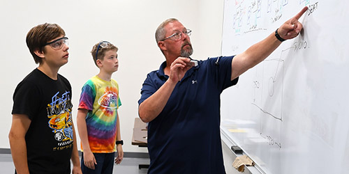Instructor pointing to white board with students watching