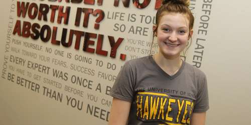 female student with University of Iowa tee